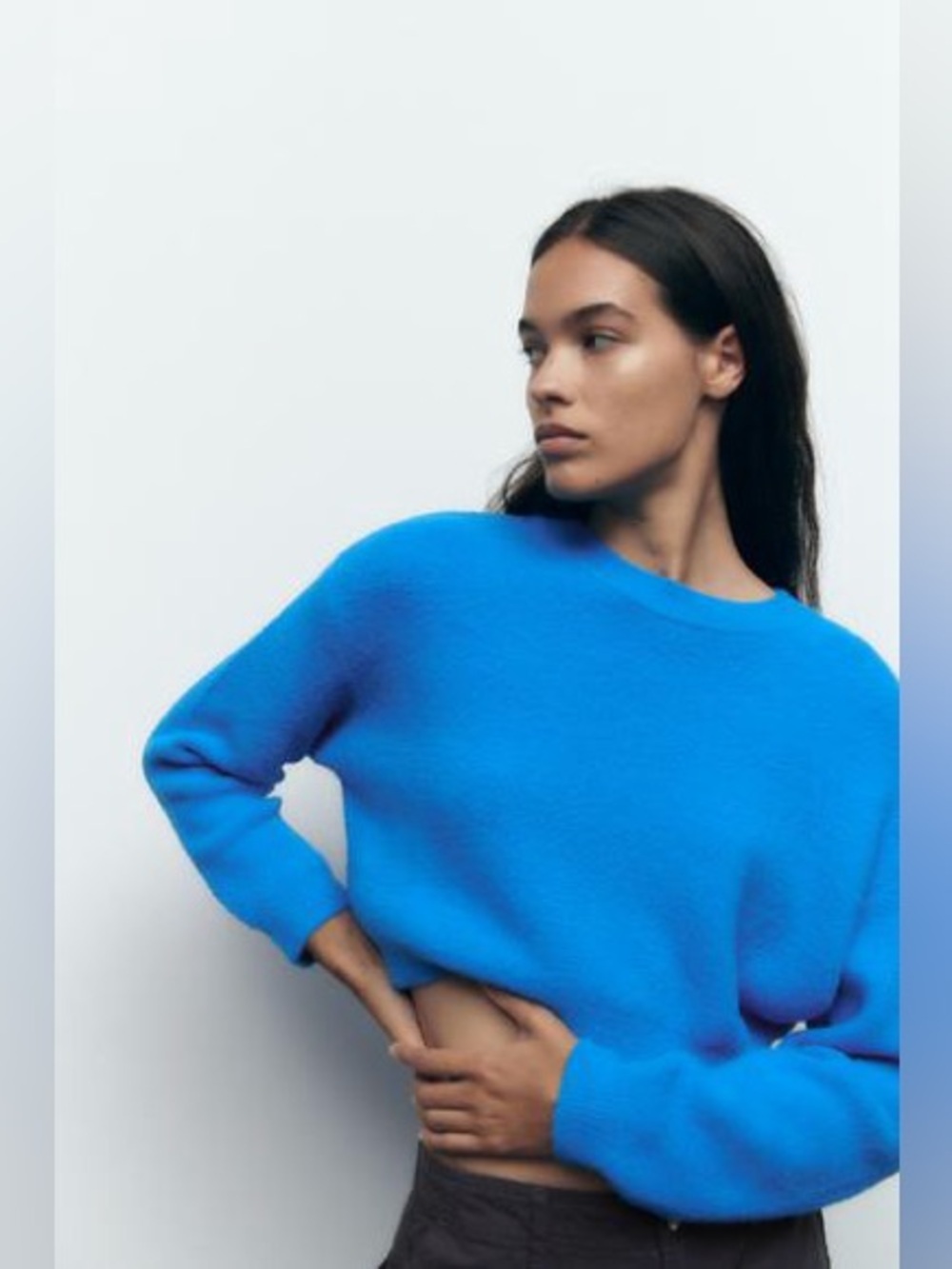 Zara Blue Fuzzy Cropped Sweater Womens Size Small Soft Knit Pullover